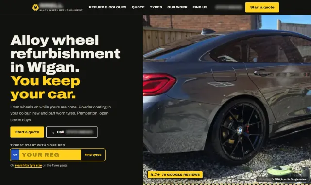 Alloy wheels concept homepage: ‘Alloy wheel refurbishment in Wigan. You keep your car.’ with a box styled as a number plate to search tyres by registration, beside a customer’s photograph of a BMW on refurbished wheels. Business details are blurred.