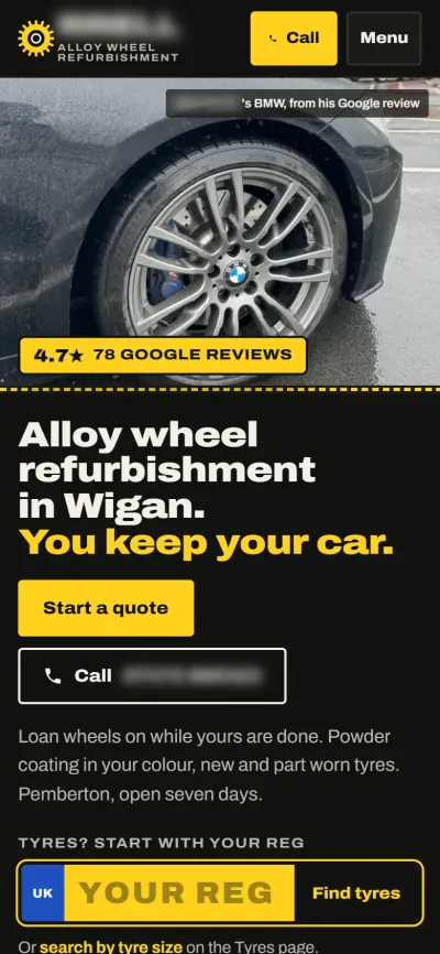 The alloy wheels concept on a phone: a customer’s refurbished wheel first, then the headline, quote and call buttons and the registration search. Business details are blurred.