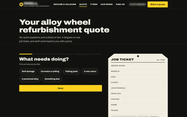 The quote page: six quick questions beside a paper job ticket that fills in with each answer.