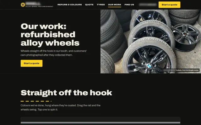 The work page: ‘Our work: refurbished alloy wheels’ beside a customer’s photograph of gloss-black wheels, above a rail of wheels hung on hooks. The customer’s name is blurred.