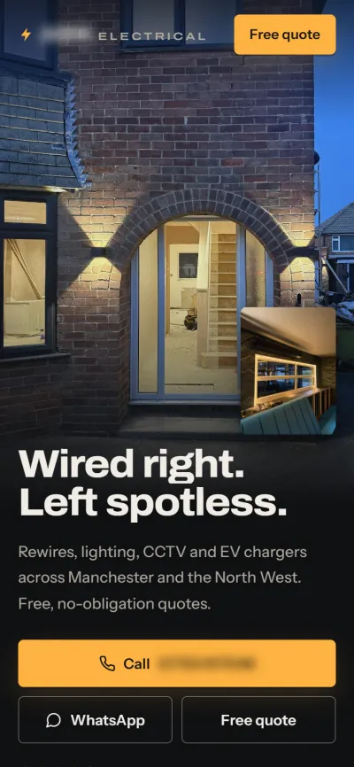 The same concept homepage on a phone: the lit doorway fills the top of the screen, the headline sits under it, and call, WhatsApp and quote are three taps side by side. Business details are blurred.