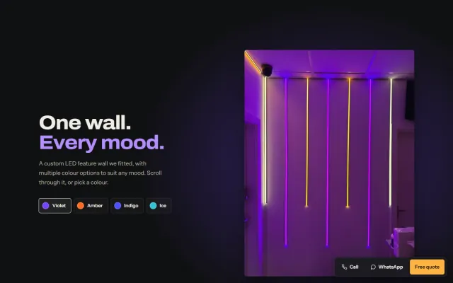 ‘One wall. Every mood.’ A photograph of an LED feature wall lit in violet, with four colour buttons — violet, amber, indigo and ice — under the description.