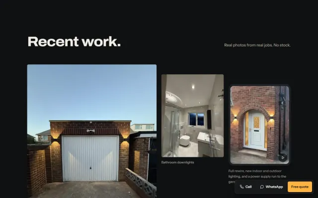 ‘Recent work. Real photos from real jobs. No stock.’ An editorial grid of the contractor’s own photographs: outdoor wall lighting, bathroom downlights and a lit front door.