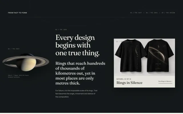 'From fact to form' section: a photograph of Saturn, the fact about its rings, then the T-shirt design it became.