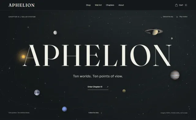 APHELION homepage: a large serif wordmark with planets on orbit lines and 'Ten worlds. Ten points of view.'