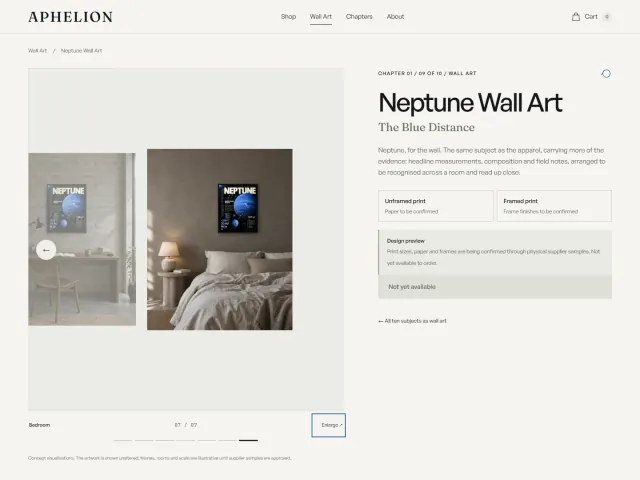 Neptune wall art product page: room preview gallery on the left; title, description and two print format options on the right.