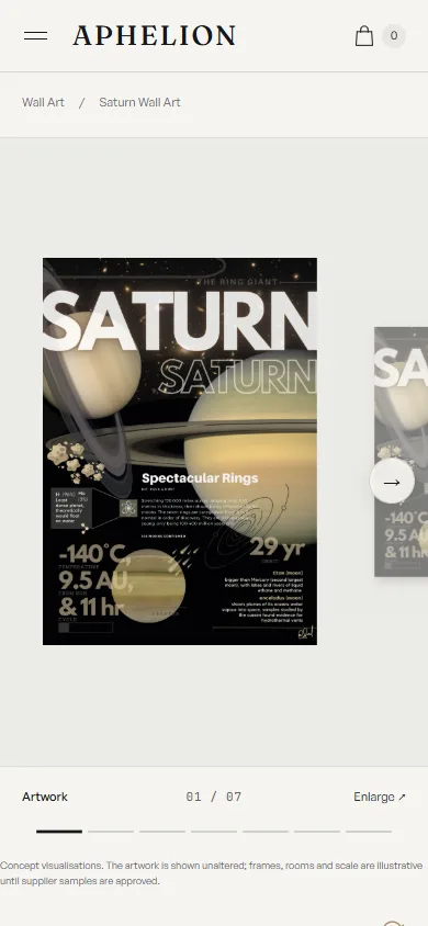 Saturn wall art product page on a phone: full-width swipeable artwork with an arrow and a 01 of 07 image counter.