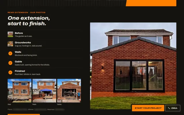 ‘One extension, start to finish.’ Five stages from before to finished beside a photograph of the finished brick rear extension with bifold doors, and photographs of the slab, the walls and the gable.
