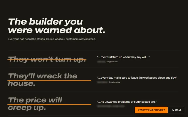 ‘The builder you were warned about.’ Common fears about builders, each struck through in orange beside a line from a customer’s review that answers it. Reviewer names are blurred.