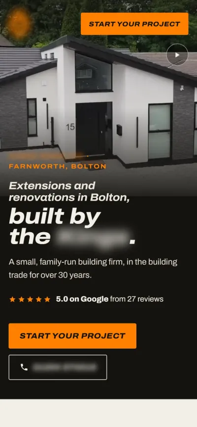 The builders concept on a phone: the finished house first, then the headline and a full-width start button. Business details are blurred.