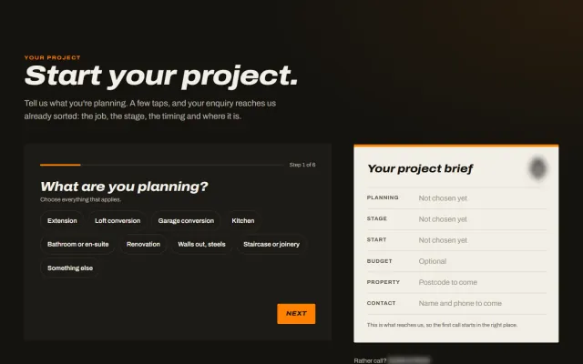 ‘Start your project.’ A six-step enquiry that starts with what you are planning, beside a project brief that fills in as you choose.