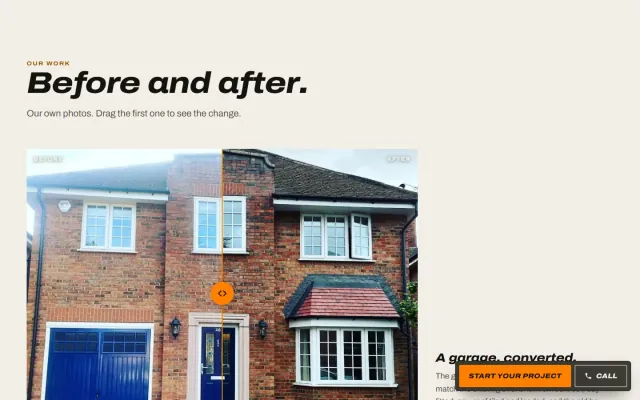 ‘Before and after.’ A drag slider over their own photographs of a garage converted into a bay-windowed room.