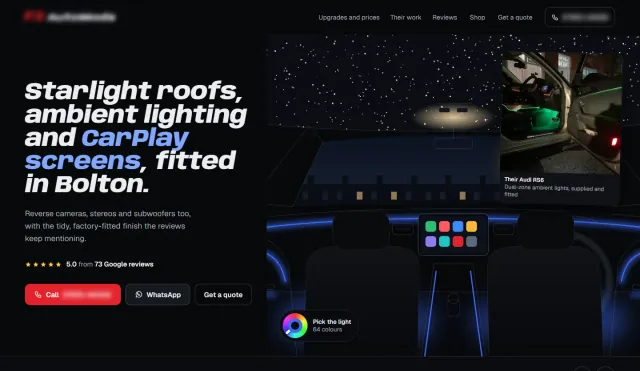 Car tech concept homepage: ‘Starlight roofs, ambient lighting and CarPlay screens, fitted in Bolton.’ beside a drawn car interior with a starry roof, blue light strips and a colour picker, and their own photograph of an Audi RS6 lit green inside. Business details are blurred.