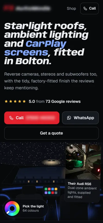 The car tech concept homepage on a phone: the headline, the rating, full-width call, WhatsApp and quote buttons, then the drawn interior. Business details are blurred.
