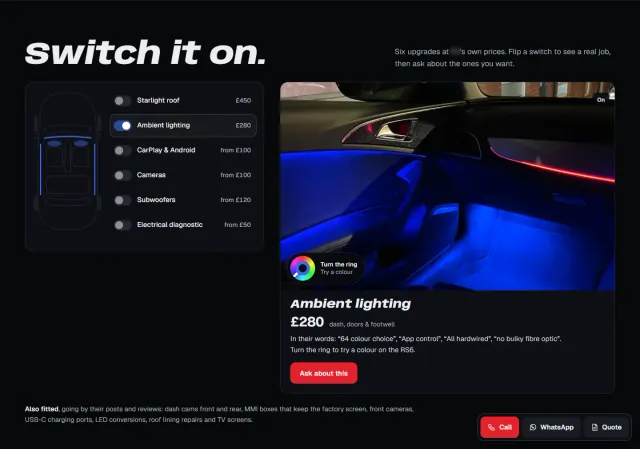 ‘Switch it on.’ Six upgrades as toggle switches beside a car outline, each with its price; ambient lighting is switched on, showing their own photograph of a blue-lit Audi door and its price.