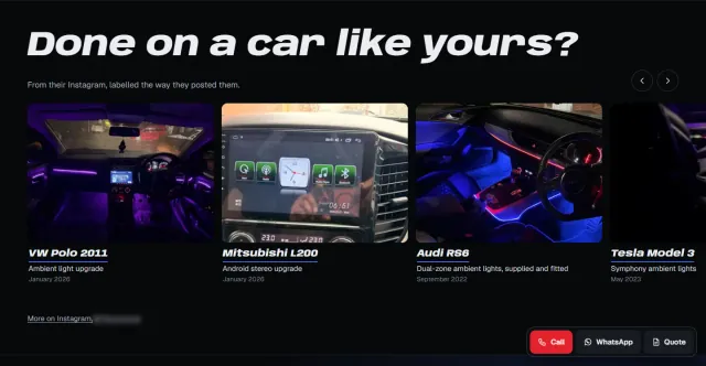 ‘Done on a car like yours?’ A sideways gallery of their own job photographs labelled by make and model: VW Polo, Mitsubishi L200, Audi RS6, Tesla Model 3.