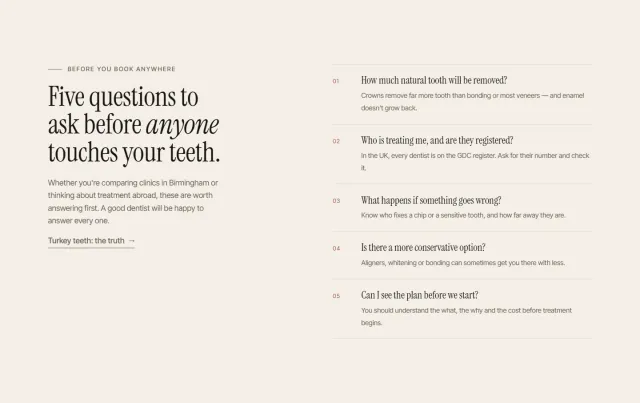 Section titled 'Five questions to ask before anyone touches your teeth', with numbered questions such as who is treating me and are they registered.