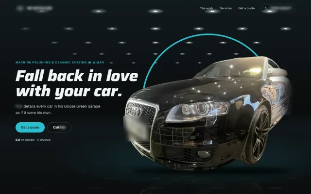 Car detailing concept homepage: ‘Fall back in love with your car.’ beside a detailed black Audi cut out under rows of studio downlights and a teal arc. Business details and the number plate are blurred.