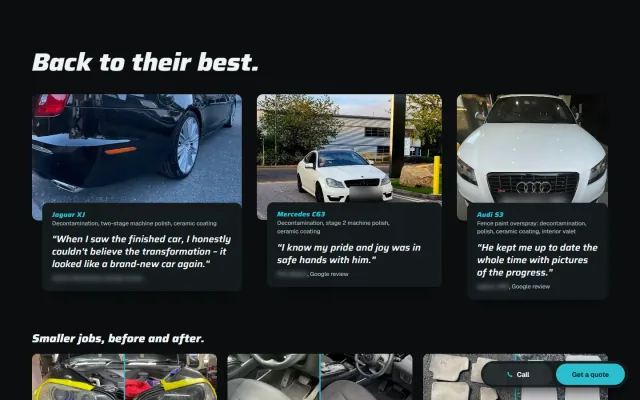 ‘Back to their best.’ Three finished cars, a Jaguar XJ, a Mercedes C63 and an Audi S3, each with the work done and a customer’s words. Names and number plates are blurred.