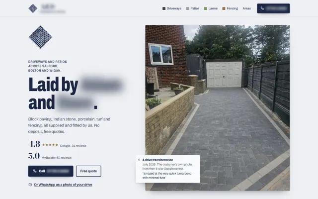 Driveways concept homepage: ‘Laid by’ two blurred first names above the ratings, beside a customer’s photograph of a new block-paved drive, under a herringbone mark. Business details are blurred.