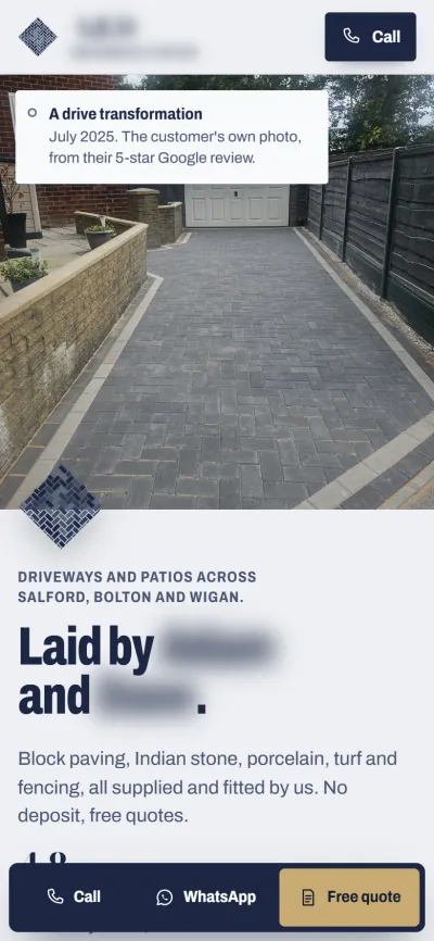 The driveways concept on a phone: the new drive first, then the herringbone mark and the headline, with call, WhatsApp and quote buttons fixed at the foot. Business details are blurred.