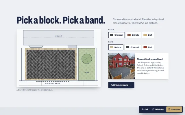 ‘Pick a block. Pick a band.’ A drawn drive plan that re-lays itself in the chosen block and band colours, beside a photograph of a real drive laid that way.