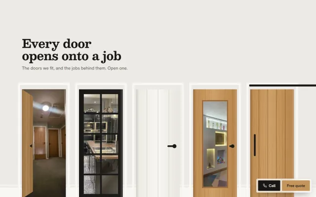 ‘Every door opens onto a job.’ A row of drawn doors, oak, glazed, white and panelled, each opening onto a photograph of a job behind it.