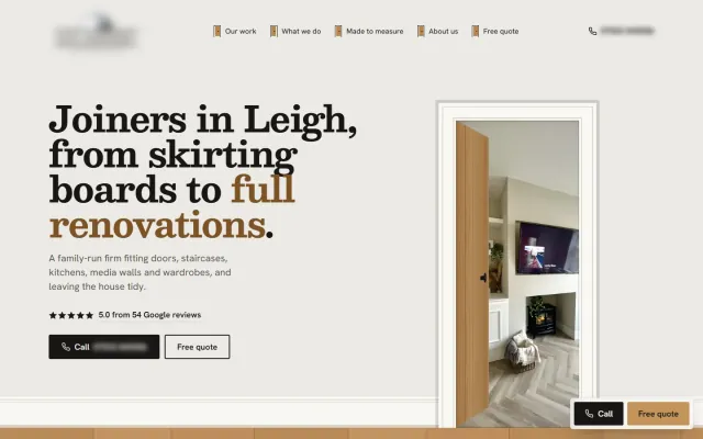 Joinery concept homepage: ‘Joiners in Leigh, from skirting boards to full renovations.’ beside a drawn oak door standing open onto a finished living room. Business details are blurred.