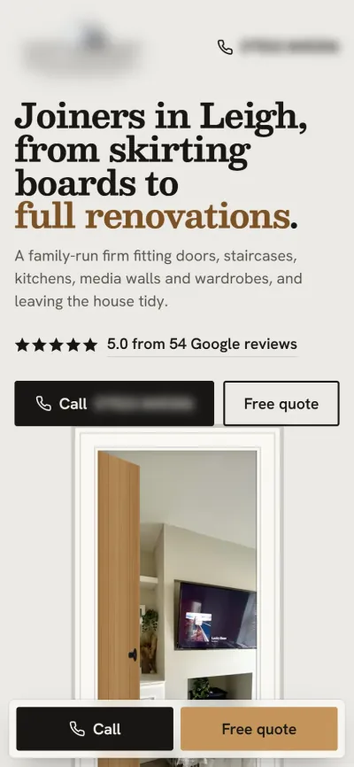 The joinery concept on a phone: the headline and call and quote buttons, then the open door onto the finished room. Business details are blurred.