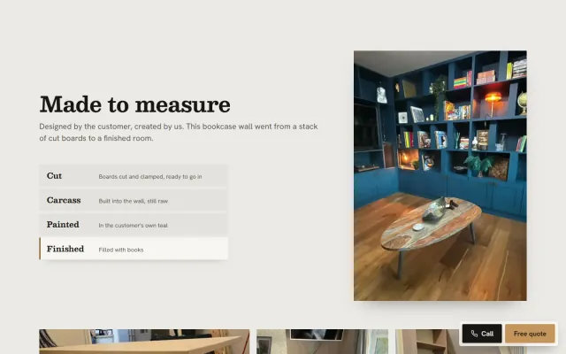 ‘Made to measure.’ Four steps, cut, carcass, painted, finished, beside a photograph of a teal bookcase wall filled with books.