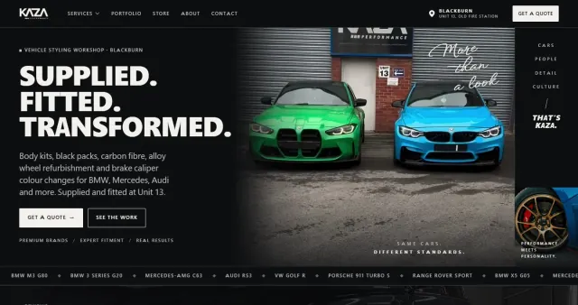 Kaza Performance homepage: 'Supplied. Fitted. Transformed.' in heavy type beside two modified cars photographed head-on in the workshop yard.