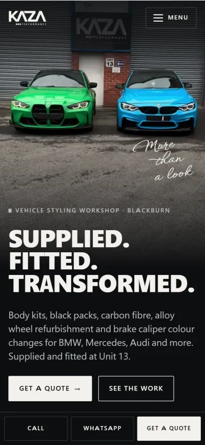 The same homepage on a phone: the headline stacked over the cars, with a quote button and the workshop location fixed within reach of a thumb.