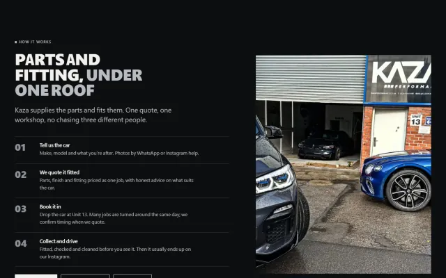 'Parts and fitting, under one roof': four numbered steps from sending photos to collecting the car, beside a photograph of the workshop with the door open.