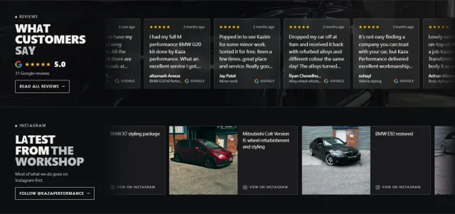 'What customers say' with a five-star Google rating and a row of real reviews, and under it 'Latest from the workshop' showing recent Instagram posts.
