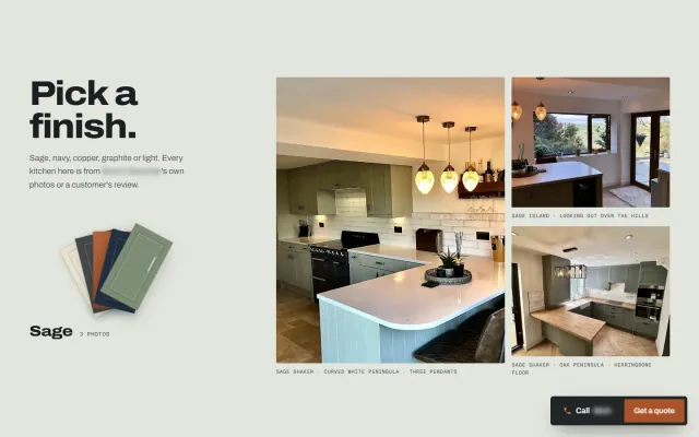 ‘Pick a finish.’ A fan of five cabinet-door swatches, light, graphite, copper, navy and sage, beside three of the firm’s own sage-green kitchens.