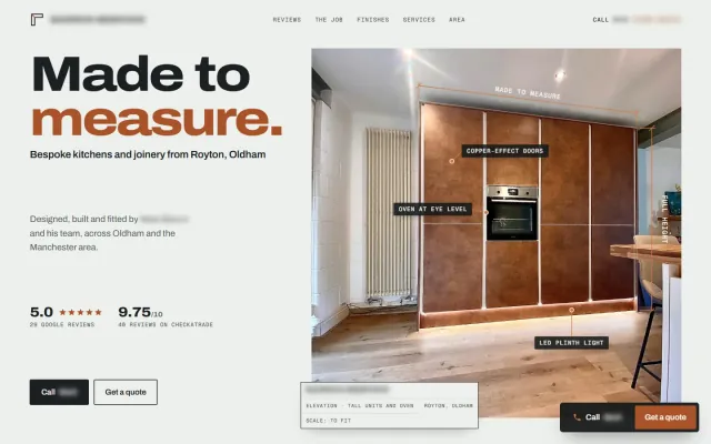 Kitchen concept homepage: ‘Made to measure.’ beside the firm’s own photograph of a copper-effect kitchen wall, marked up like a technical drawing with dimension lines and labelled features. Business details are blurred.