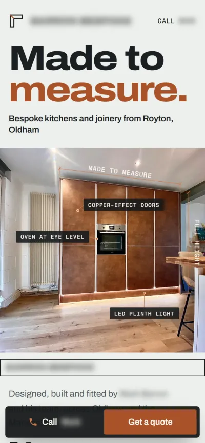 The kitchen concept homepage on a phone: the headline, then the marked-up kitchen photograph full width, with call and quote buttons fixed to the bottom of the screen. Business details are blurred.