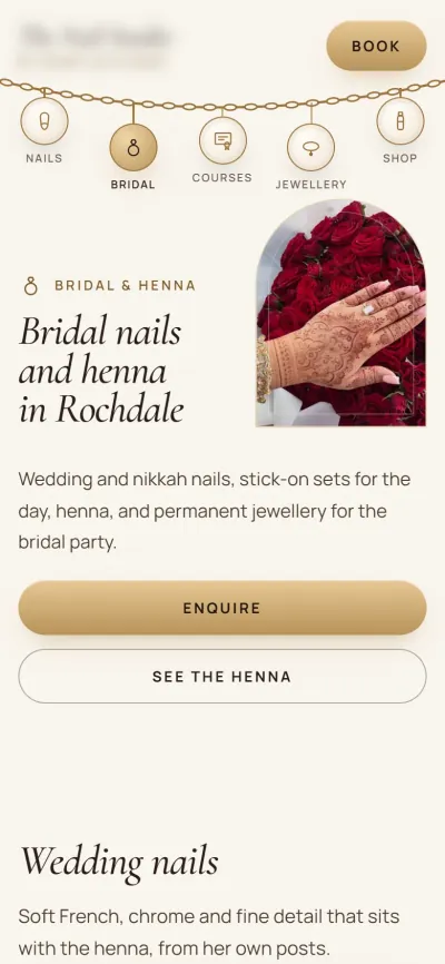 The bridal page on a phone: the charm navigation across the top, the heading beside the henna photograph, and full-width enquire and henna buttons.