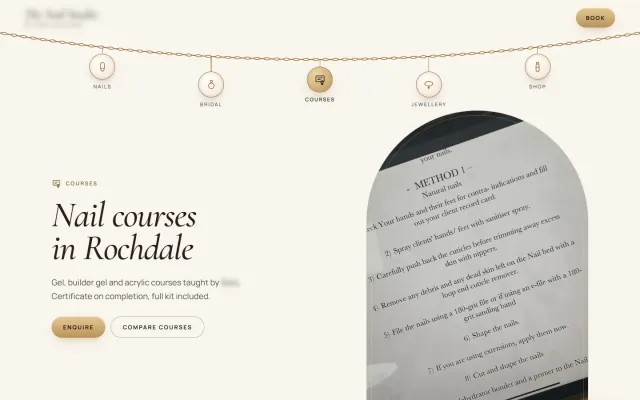 The courses page: ‘Nail courses in Rochdale’ beside a photograph of her course manual. The owner’s name is blurred.