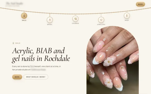The nails page: ‘Acrylic, BIAB and gel nails in Rochdale’ beside a photograph of almond nails with 3D flowers. The owner’s name and street are blurred.