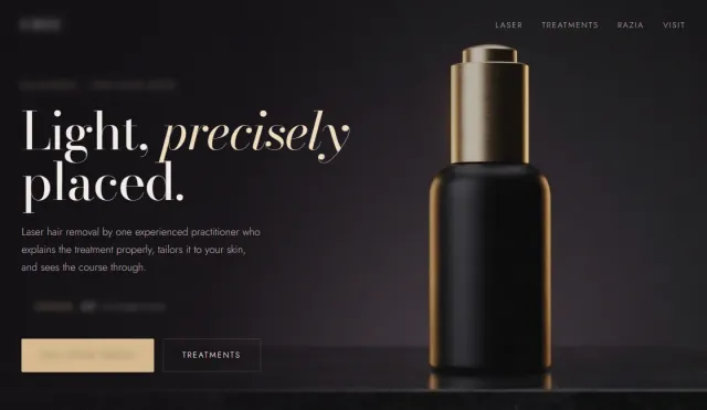 Salon concept homepage, dark with gold accents: 'Light, precisely placed.' beside a serum bottle still life. Business details are blurred.