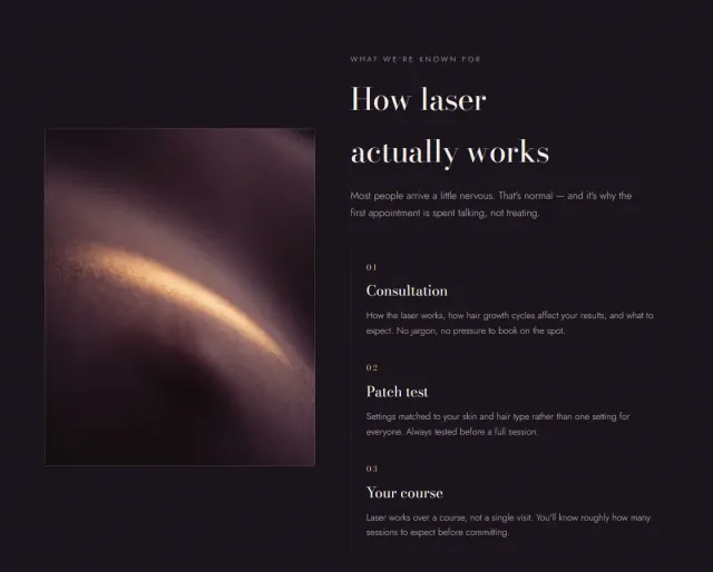 'How laser actually works' section with three steps: consultation, patch test and your course.
