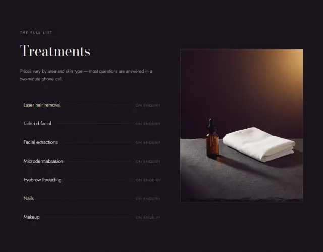 Treatment list with each price marked 'on enquiry', beside a still life of a dropper bottle and towel.