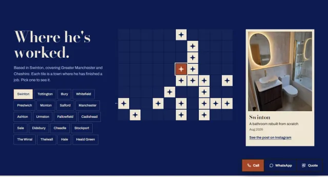 ‘Where he’s worked.’ A grid of tiles, each starred tile a town where he has finished a job, beside a list of the towns and a card showing a bathroom from the selected one.