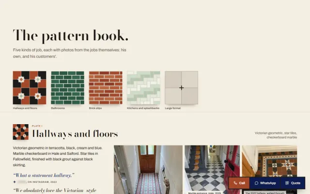 ‘The pattern book.’ Five tile swatches, Victorian geometric, green metro, brick slip, herringbone and large format, as the index to five plates of his jobs, the first opening on hallways and floors.
