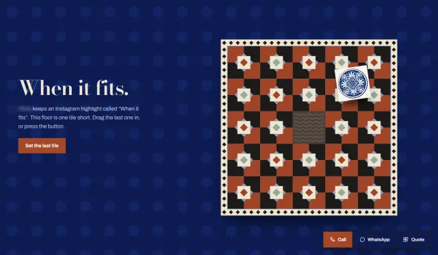 ‘When it fits.’ A drawn tiled floor with one tile missing and the last tile waiting to be dragged into place, beside a ‘Set the last tile’ button.