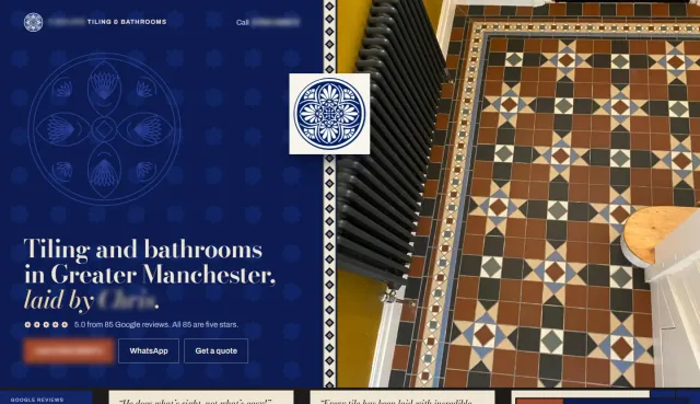 Tiling concept homepage: navy with a drawn tile medallion and ‘Tiling and bathrooms in Greater Manchester, laid by’ a blurred name, beside his own photograph of a Victorian geometric hallway floor, joined by a tiled border strip. Business details are blurred.