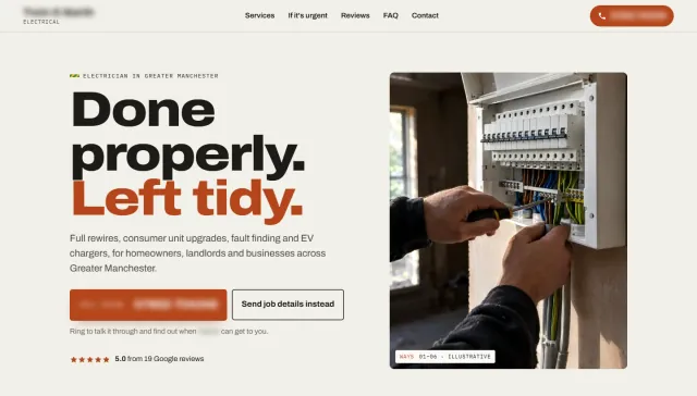 Electrician concept homepage: ‘Done properly. Left tidy.’ with a call button and a five-star rating, beside a photograph of hands wiring a consumer unit. Business details are blurred.