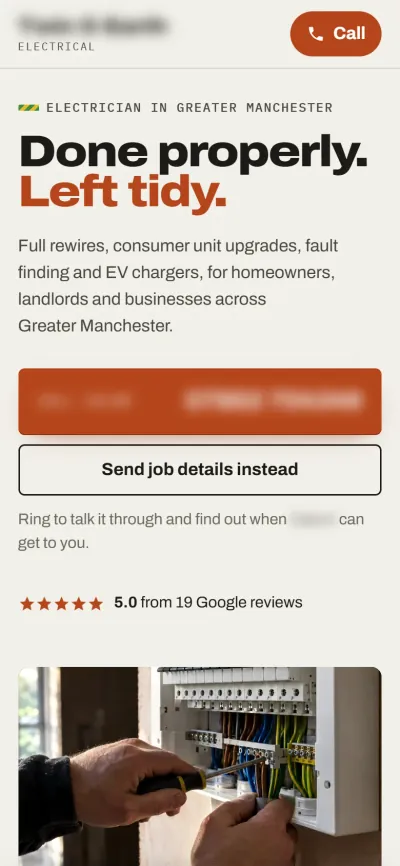 The same concept homepage on a phone: headline, a full-width call button, and ‘Send job details instead’ for anyone who would rather not ring. Business details are blurred.