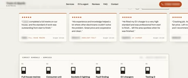 A row of real Google reviews under a five-star rating, each tagged with the job it was for, scrollable sideways. Reviewer names are blurred.